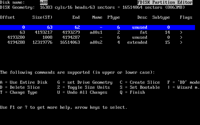 Initial FDISK edit window