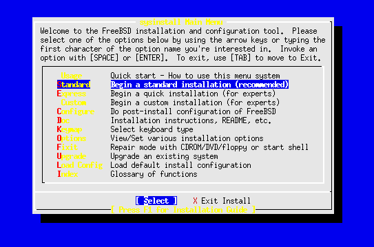 Sysinstall main menu